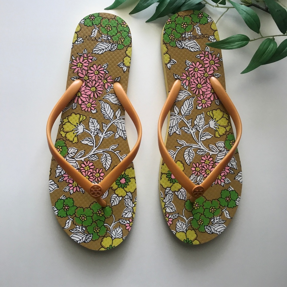 NEW NWOT Tory Burch Floral Print Flip Flops. Burnt Orange/Floral footbed. 9M